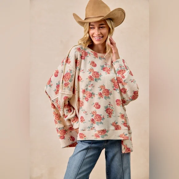 BiBi Floral Print Oversized Waffle Thermal Sweatshirt - Picture 7 of 10
